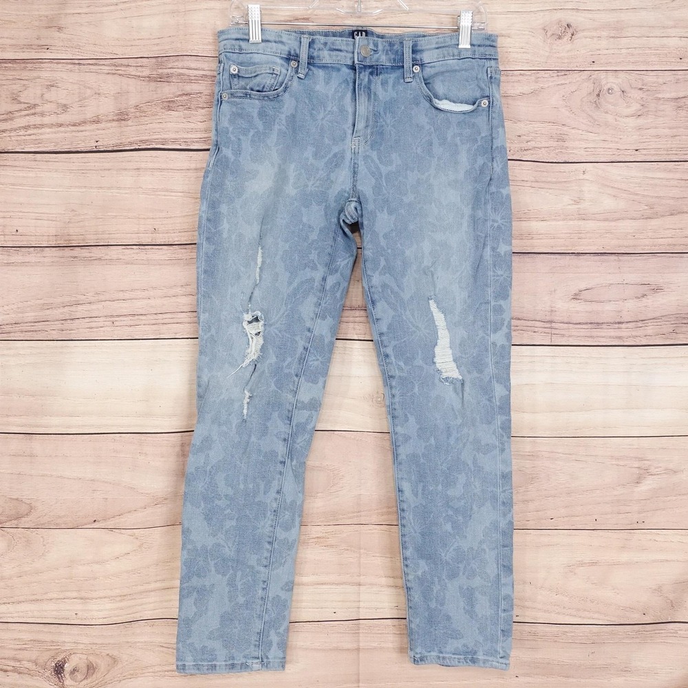 Gap Girlfriend Tapered Jeans Womens 28 Blue Floral Distressed 30x26.5 Denim